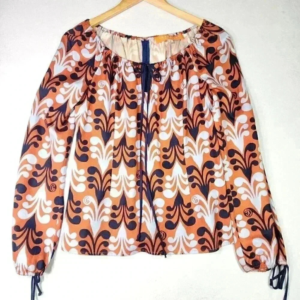 CK Bradley Womens 100% Silk Blouse Sz.6 Zipper Back LS Ties Mod‎ Logo Terracotta